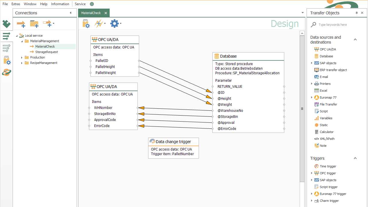 Through the OPC UA/DA client functionality, items are loaded from an OPC server, in this example transferred to an SQL server (via MS SQL plug-in) and the return values are written back to the OPC server and thus to the controller.