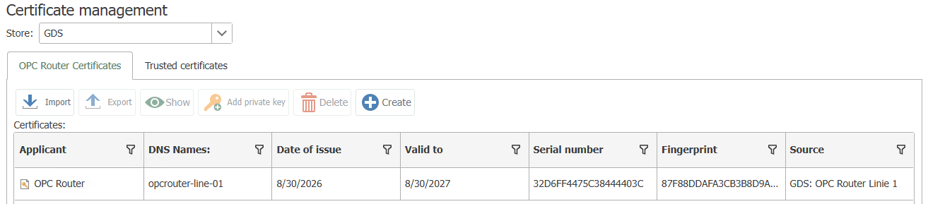 Certificate Management GDS management in OPC Router